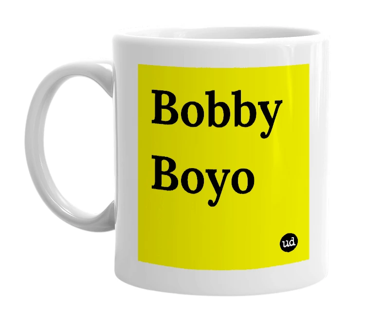 White mug with 'Bobby Boyo' in bold black letters