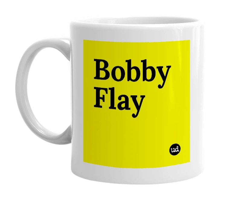 White mug with 'Bobby Flay' in bold black letters