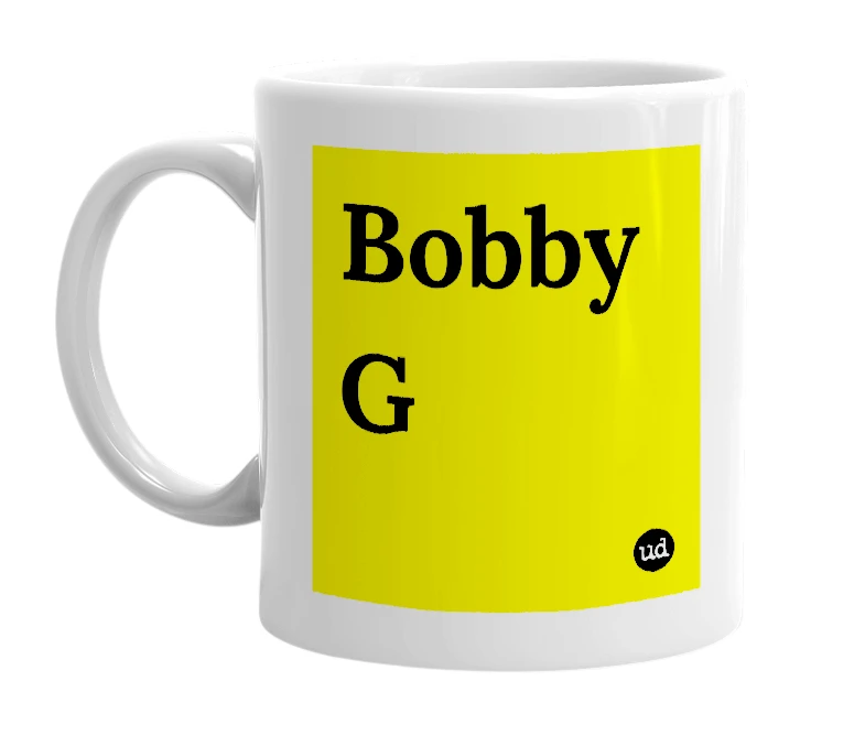 White mug with 'Bobby G' in bold black letters