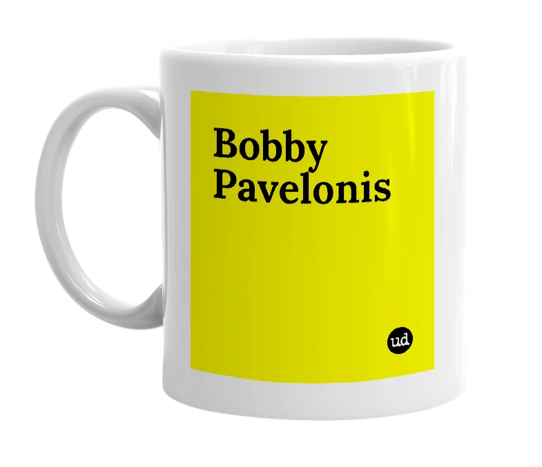 White mug with 'Bobby Pavelonis' in bold black letters