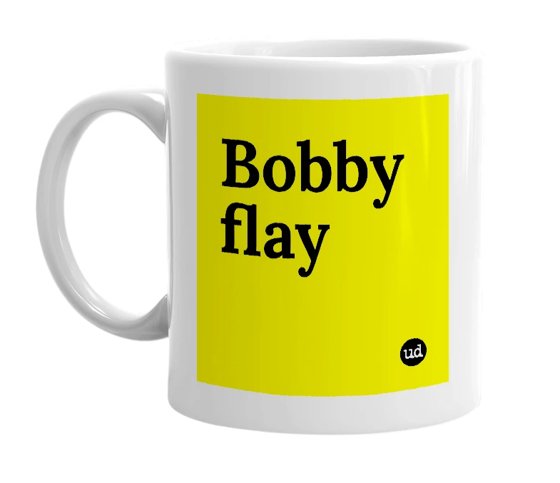 White mug with 'Bobby flay' in bold black letters