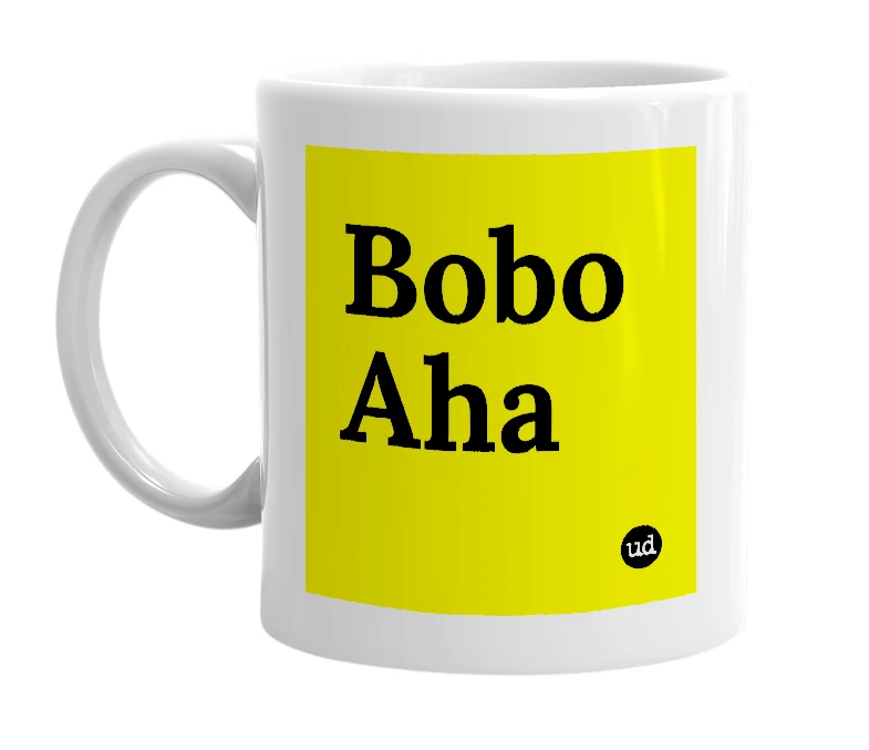 White mug with 'Bobo Aha' in bold black letters