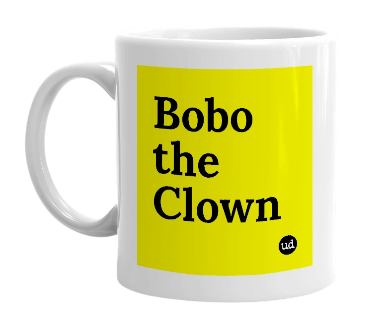 White mug with 'Bobo the Clown' in bold black letters