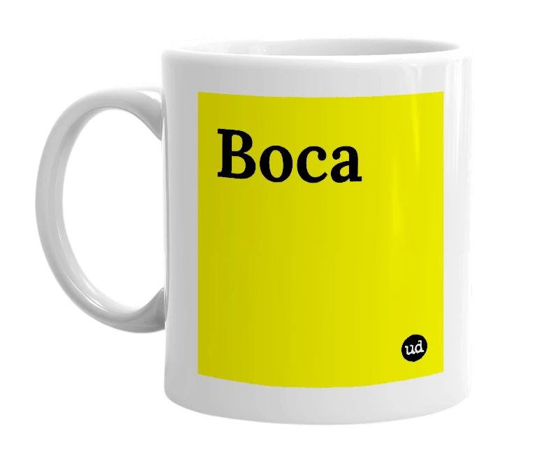 White mug with 'Boca' in bold black letters