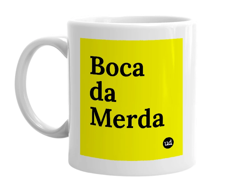 White mug with 'Boca da Merda' in bold black letters