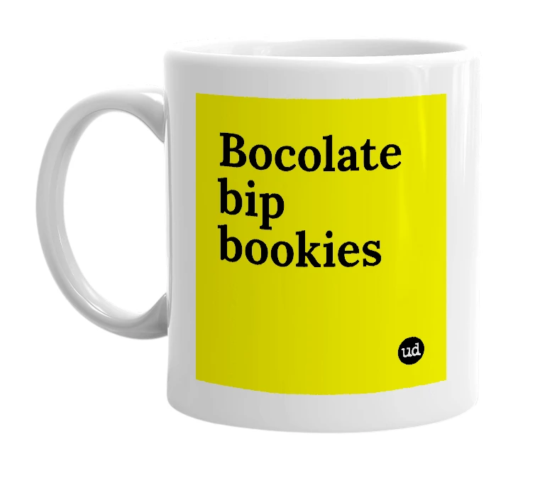 White mug with 'Bocolate bip bookies' in bold black letters