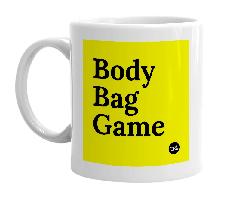 White mug with 'Body Bag Game' in bold black letters