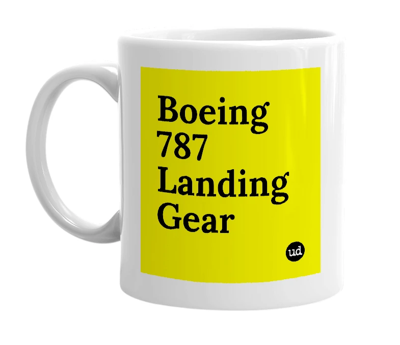 White mug with 'Boeing 787 Landing Gear' in bold black letters