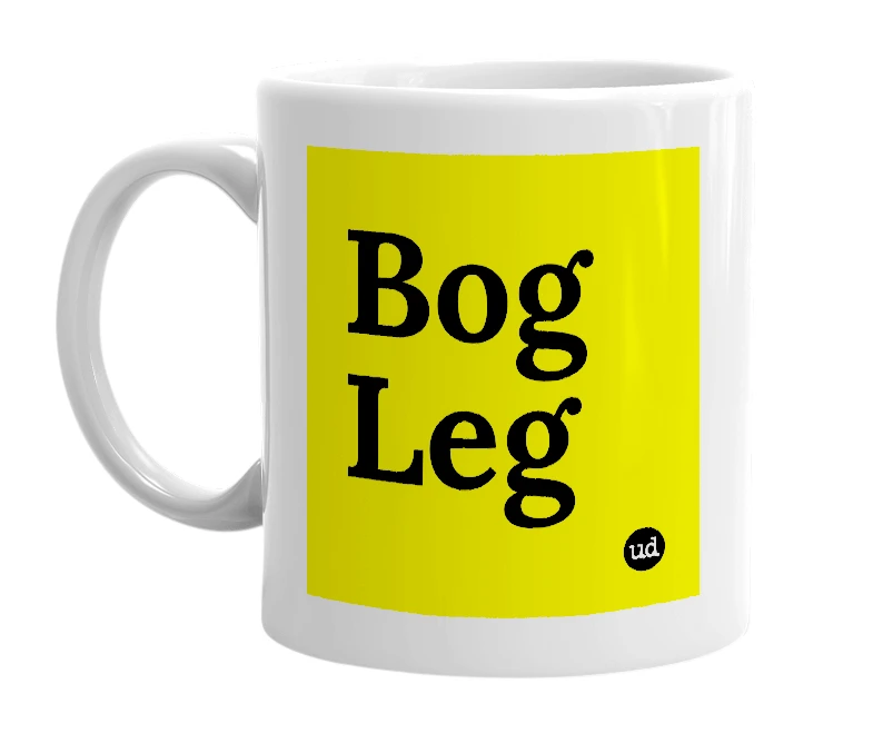 White mug with 'Bog Leg' in bold black letters
