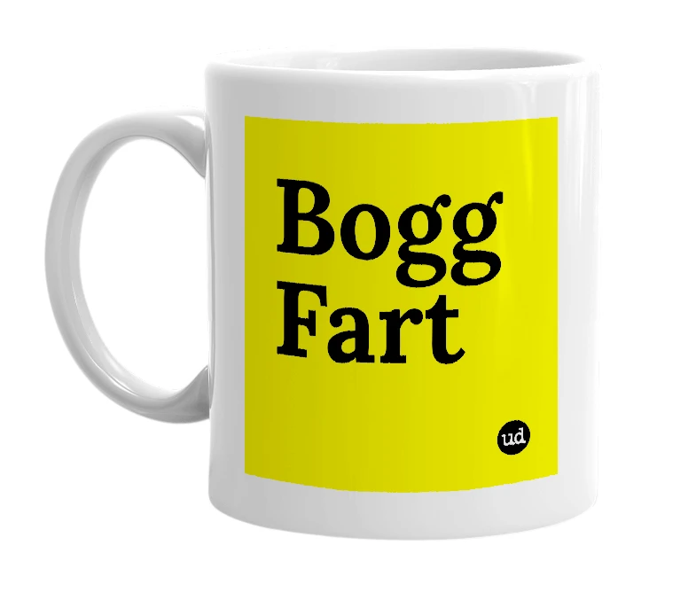 White mug with 'Bogg Fart' in bold black letters