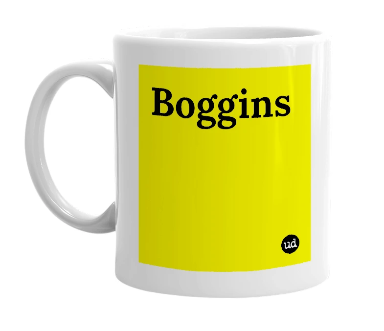 White mug with 'Boggins' in bold black letters