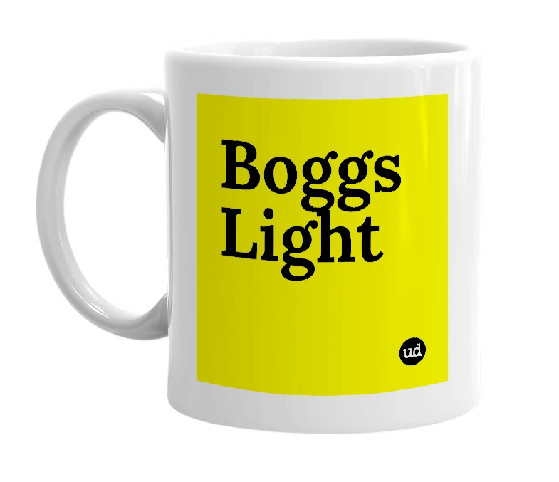 White mug with 'Boggs Light' in bold black letters