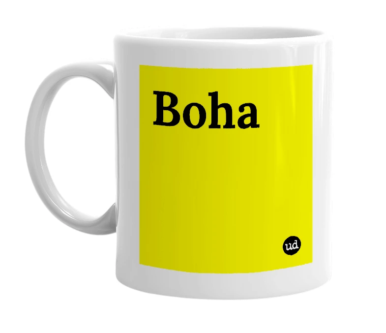 White mug with 'Boha' in bold black letters