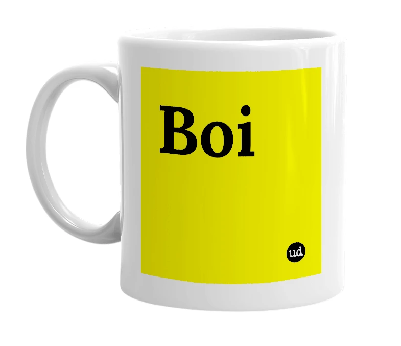 White mug with 'Boi' in bold black letters