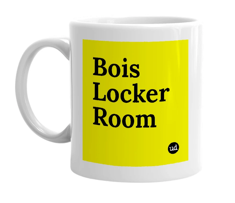 White mug with 'Bois Locker Room' in bold black letters