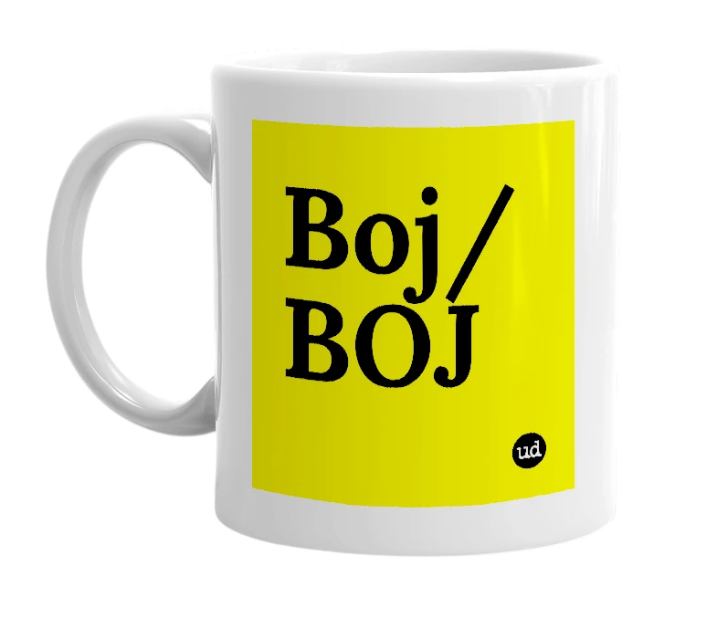 White mug with 'Boj/ BOJ' in bold black letters