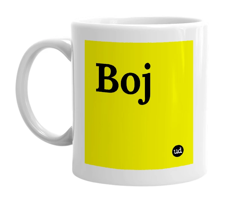 White mug with 'Boj' in bold black letters