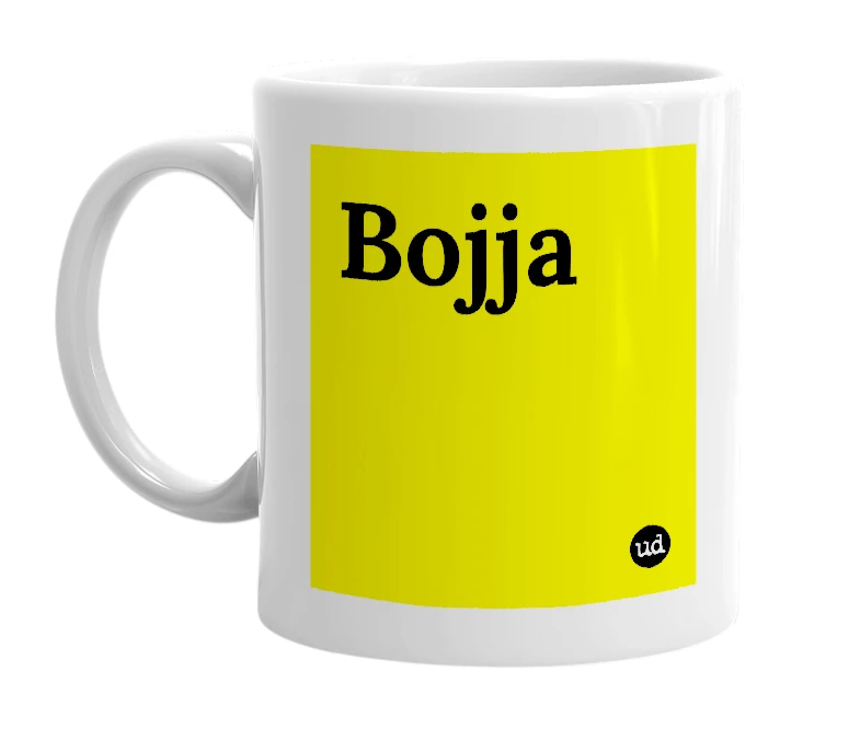 White mug with 'Bojja' in bold black letters