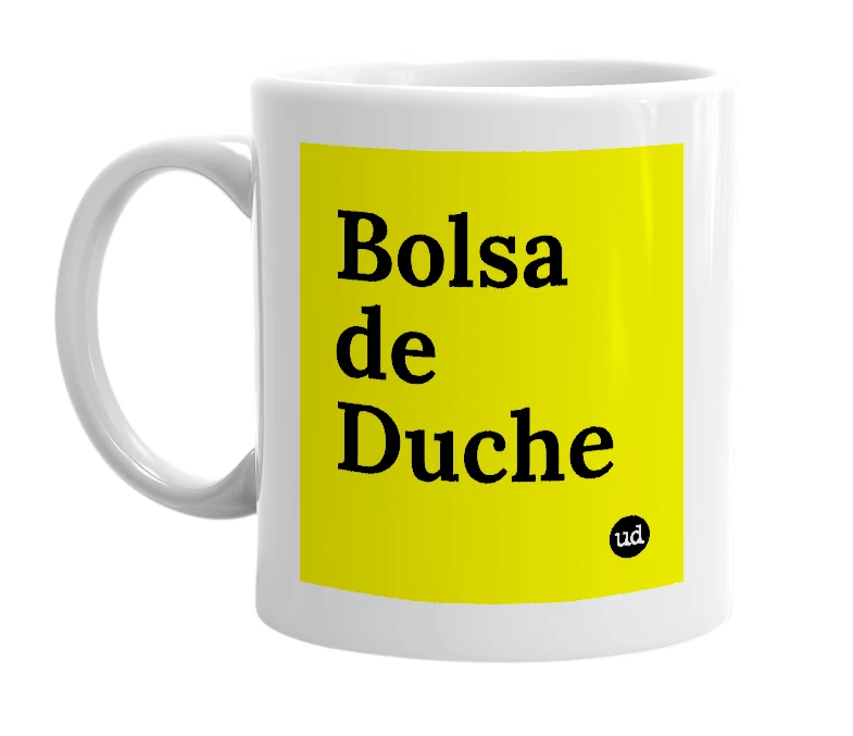 White mug with 'Bolsa de Duche' in bold black letters