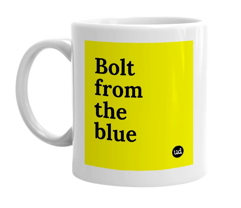 White mug with 'Bolt from the blue' in bold black letters