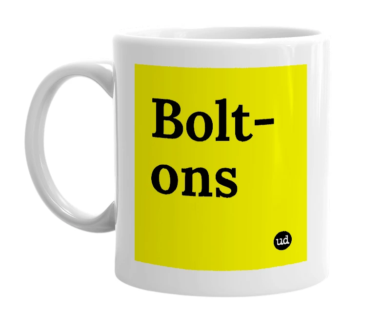 White mug with 'Bolt-ons' in bold black letters