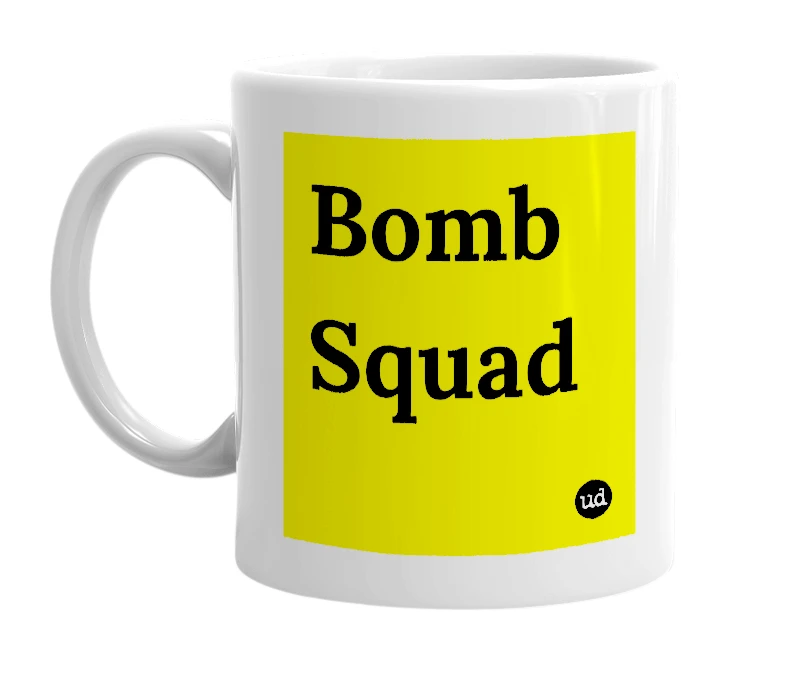 White mug with 'Bomb Squad' in bold black letters