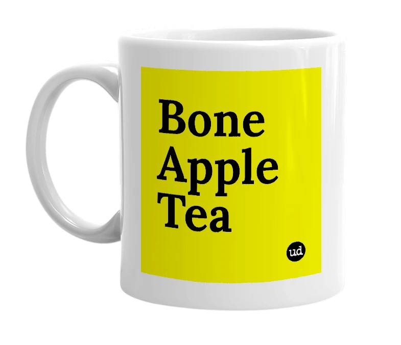 White mug with 'Bone Apple Tea' in bold black letters