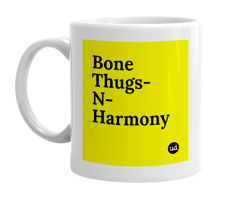 White mug with 'Bone Thugs-N-Harmony' in bold black letters