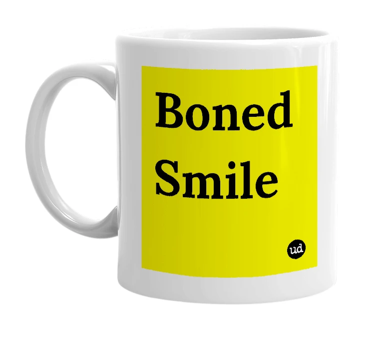 White mug with 'Boned Smile' in bold black letters