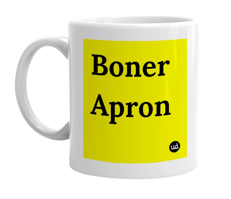 White mug with 'Boner Apron' in bold black letters