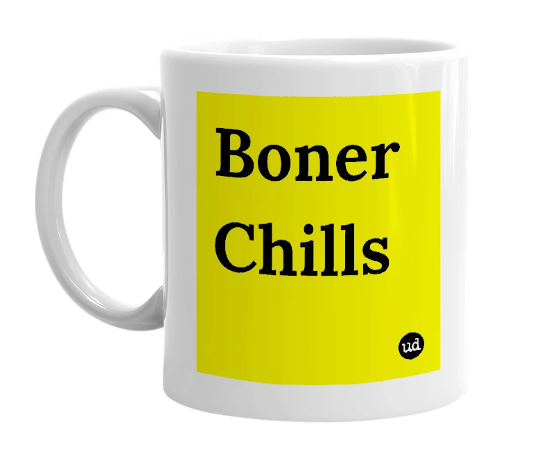 White mug with 'Boner Chills' in bold black letters