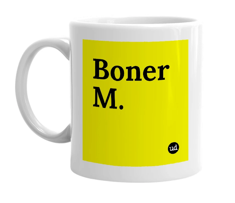 White mug with 'Boner M.' in bold black letters
