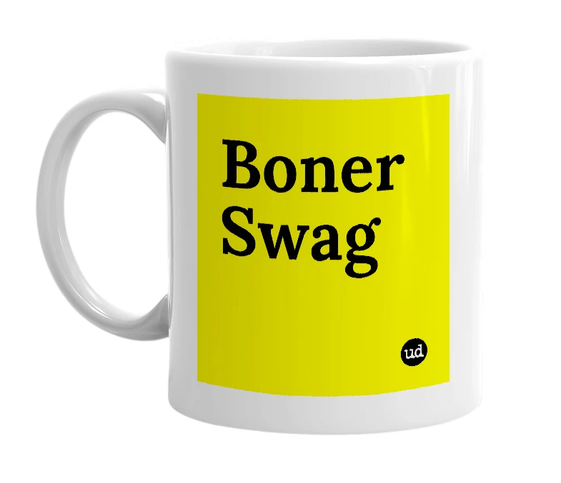 White mug with 'Boner Swag' in bold black letters