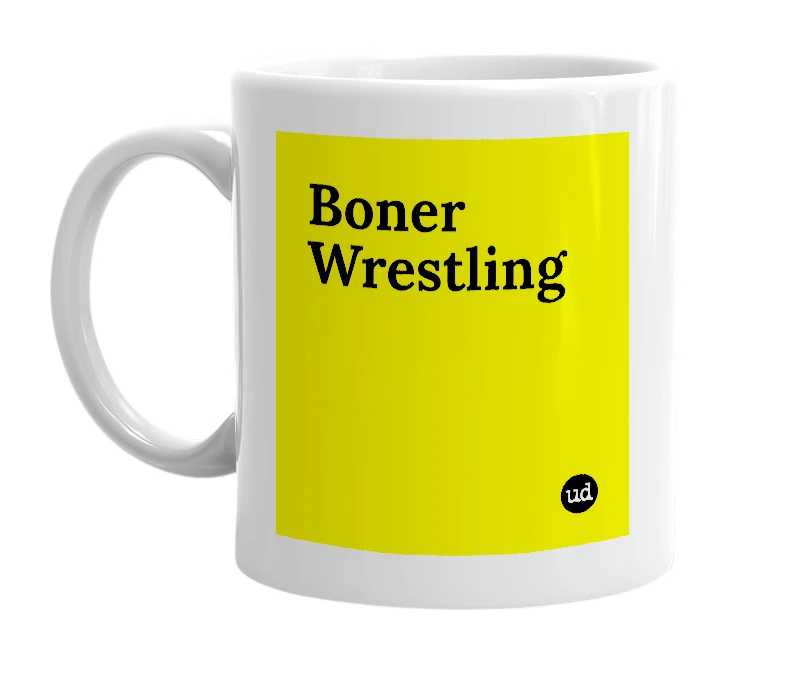 White mug with 'Boner Wrestling' in bold black letters