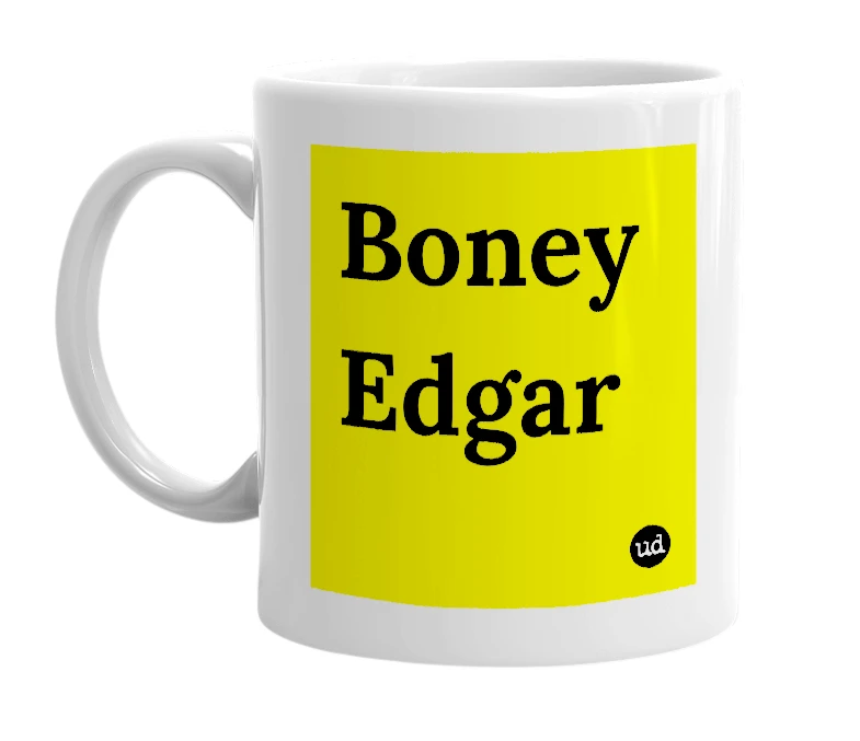 White mug with 'Boney Edgar' in bold black letters