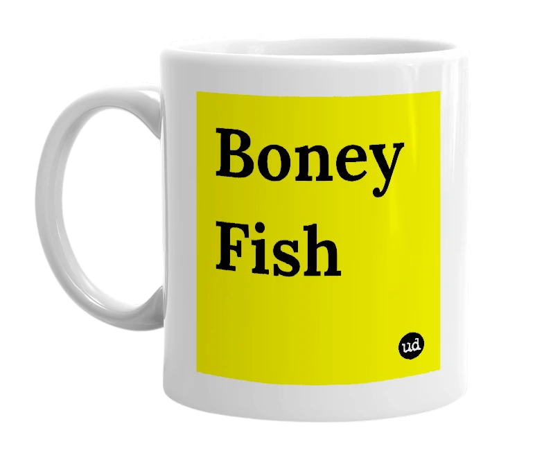 White mug with 'Boney Fish' in bold black letters
