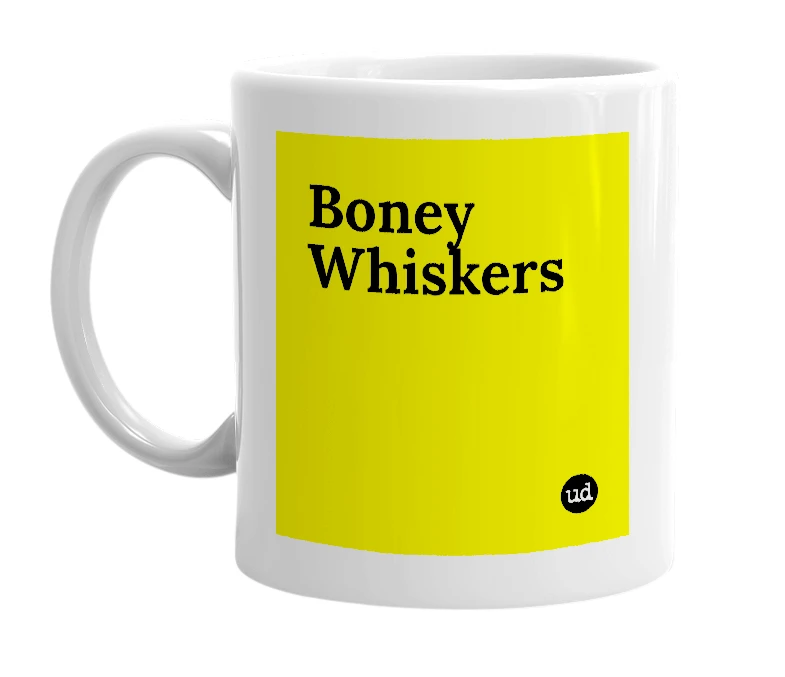 White mug with 'Boney Whiskers' in bold black letters