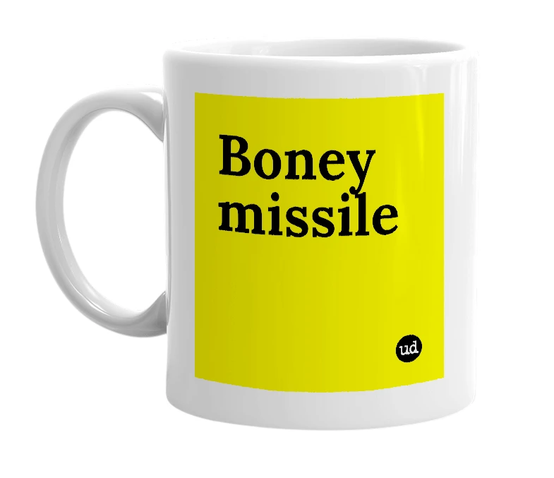 White mug with 'Boney missile' in bold black letters