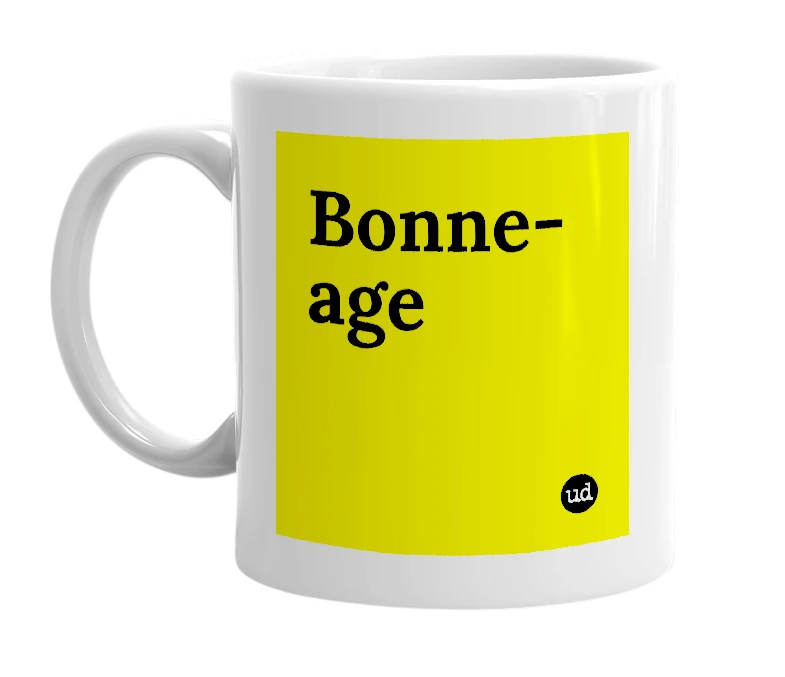 White mug with 'Bonne-age' in bold black letters