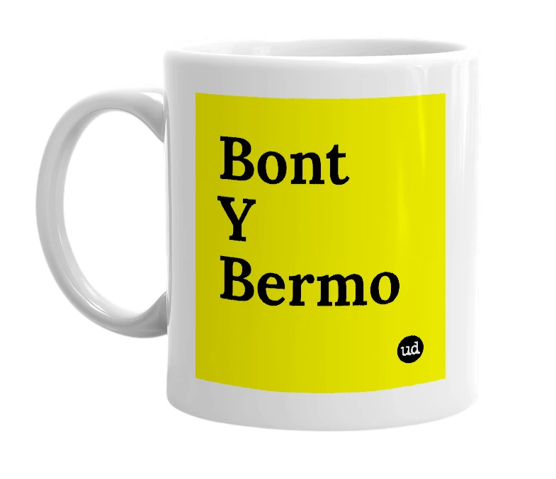 White mug with 'Bont Y Bermo' in bold black letters