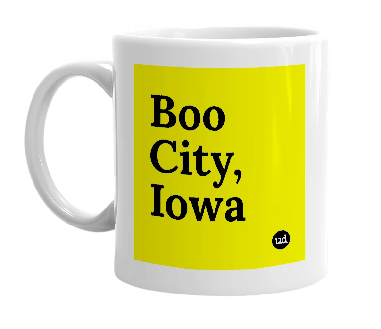 White mug with 'Boo City, Iowa' in bold black letters