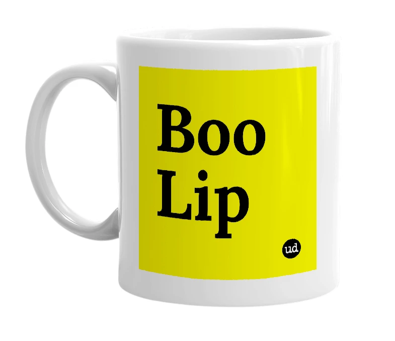 White mug with 'Boo Lip' in bold black letters