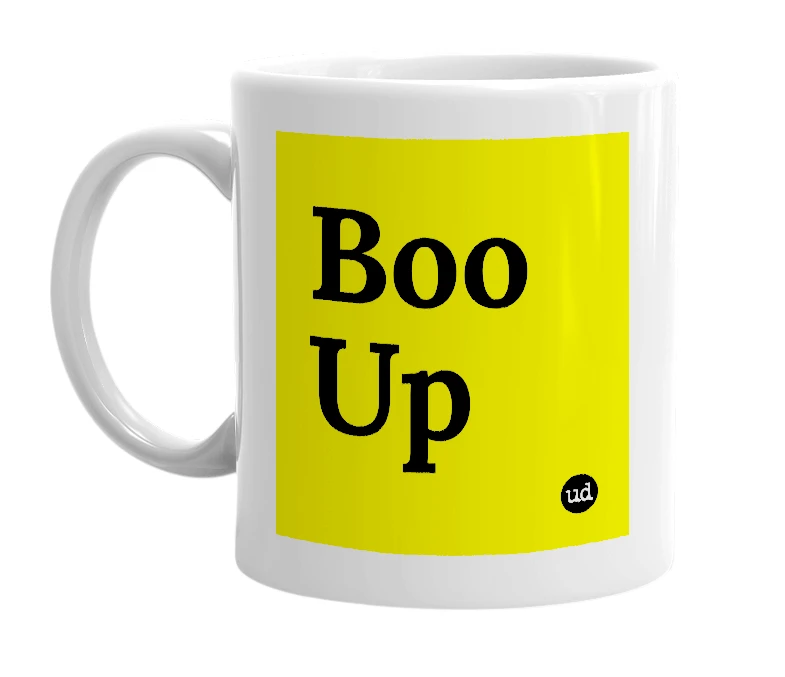 White mug with 'Boo Up' in bold black letters
