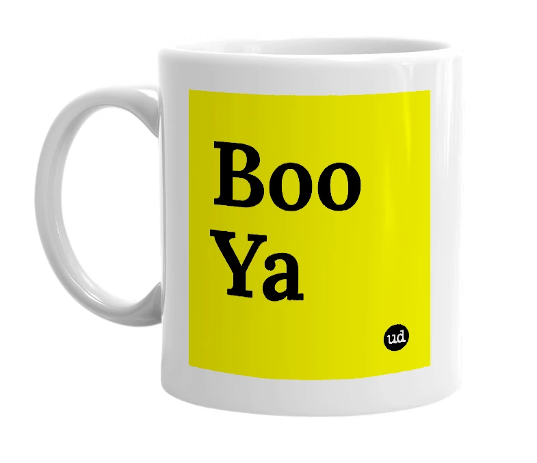 White mug with 'Boo Ya' in bold black letters