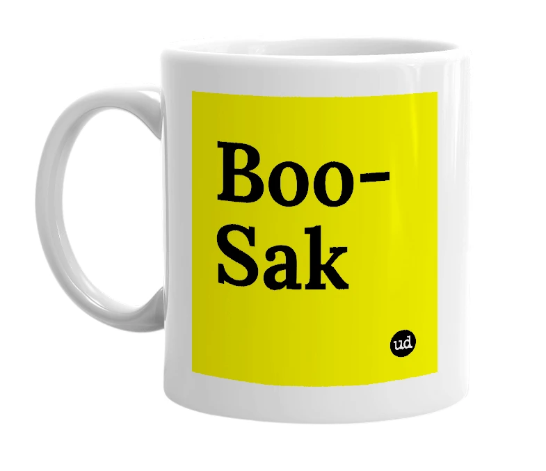 White mug with 'Boo-Sak' in bold black letters