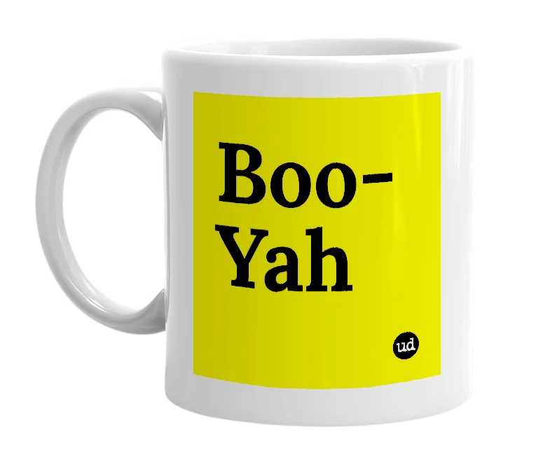 White mug with 'Boo-Yah' in bold black letters