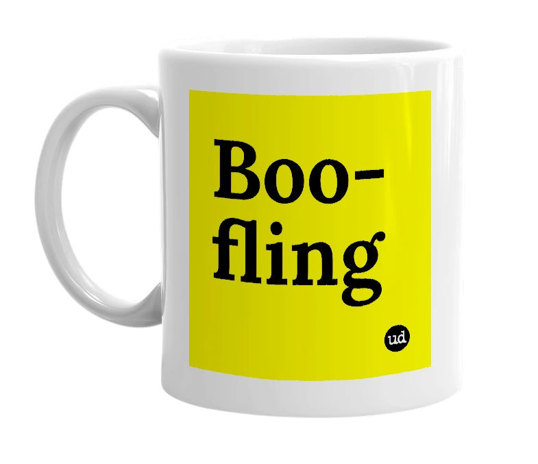 White mug with 'Boo-fling' in bold black letters