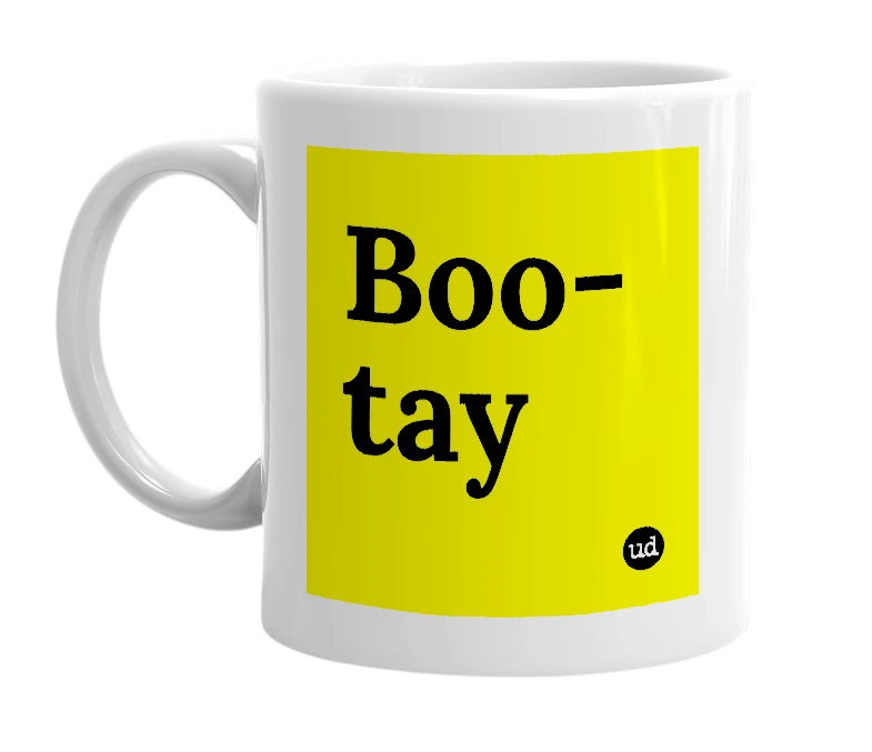 White mug with 'Boo-tay' in bold black letters