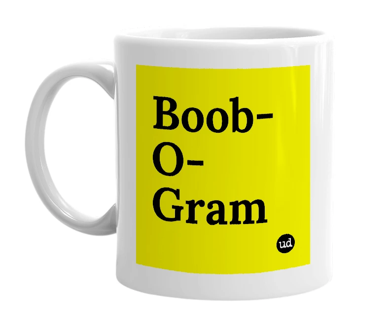 White mug with 'Boob-O-Gram' in bold black letters