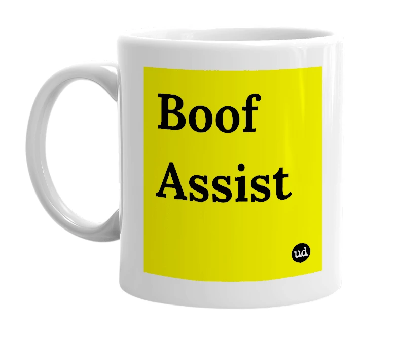 White mug with 'Boof Assist' in bold black letters